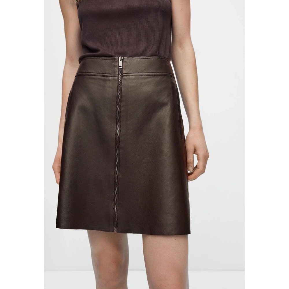 Massimo Dutti Mini A Line Skirt Genuine Leather Brown Front Zip Large NWT $200 - Picture 3 of 16